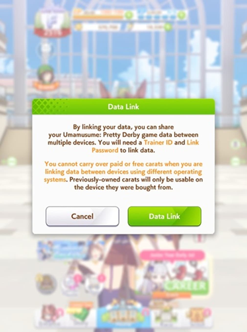 A pop-up that features an explanation of how data-linking in Umamusume works, noting you won't be able to share purchased carats from one account to another if one is overriding the other.