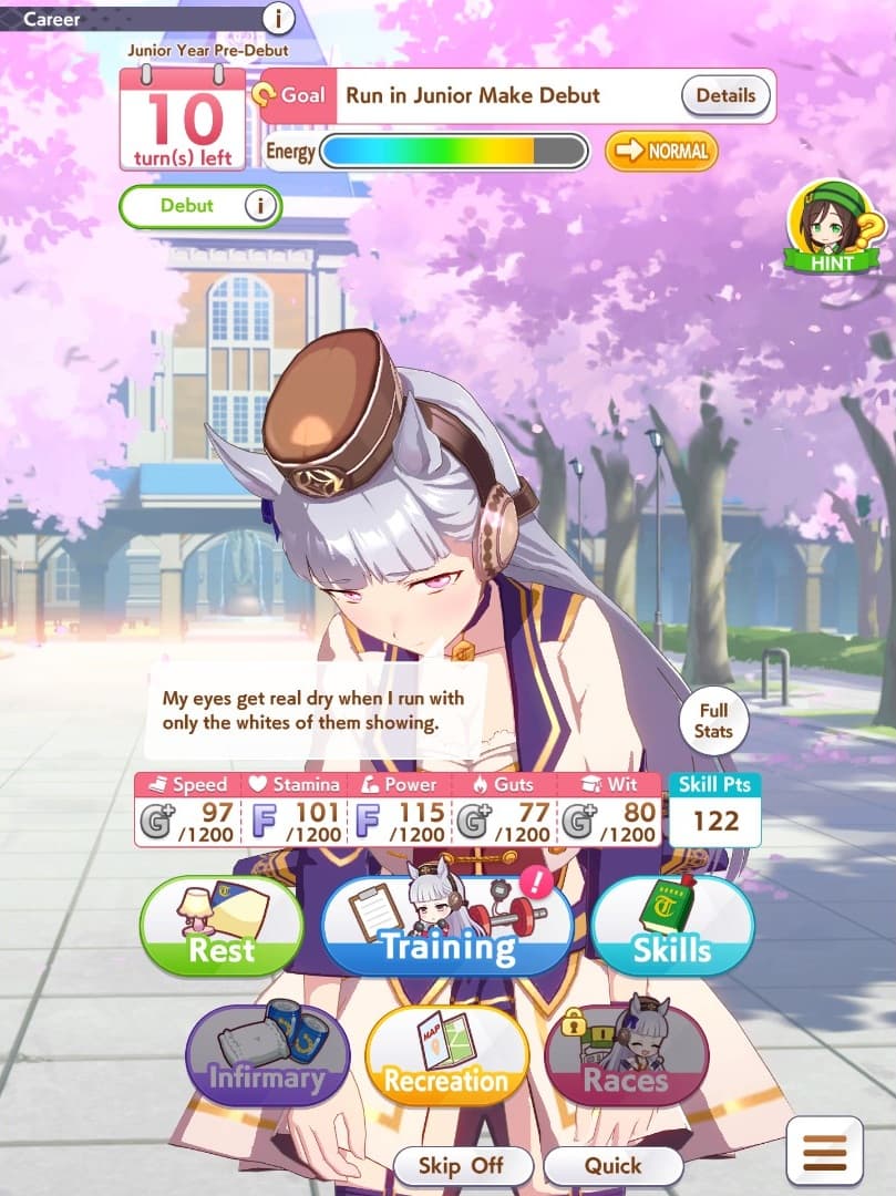 A screenshot of a white-haired girl with horse ears looking down behind a complicated menu, she is saying 'my eyes get real dry when I run with only the whites of them showing.'