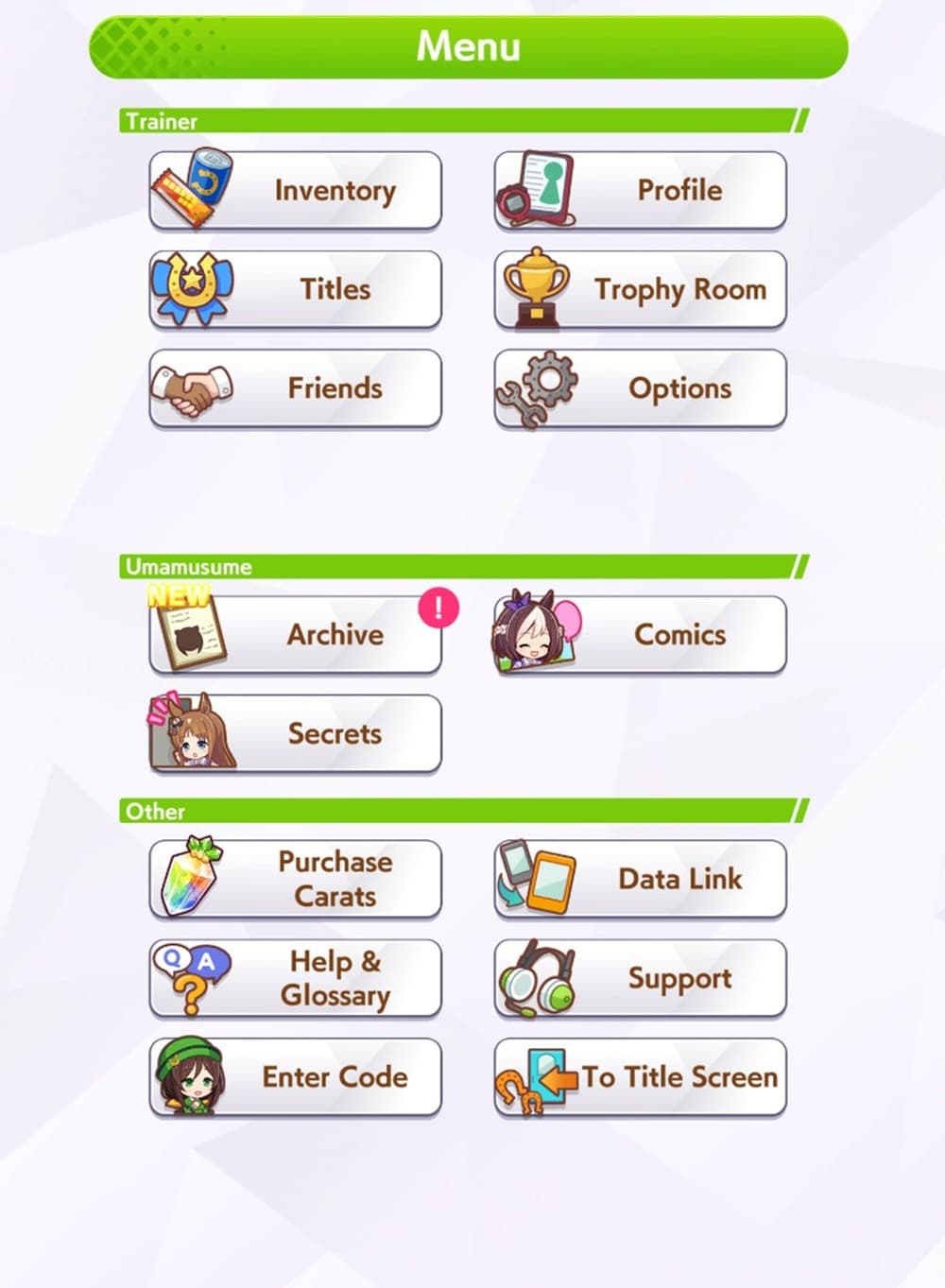 A neatly laid-out menu featuring various stylised icons, one of the icons in the bottom left features the 'help' text