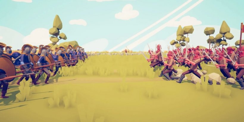 Two armies face off in a field on Totally Accurate Battle Simulator