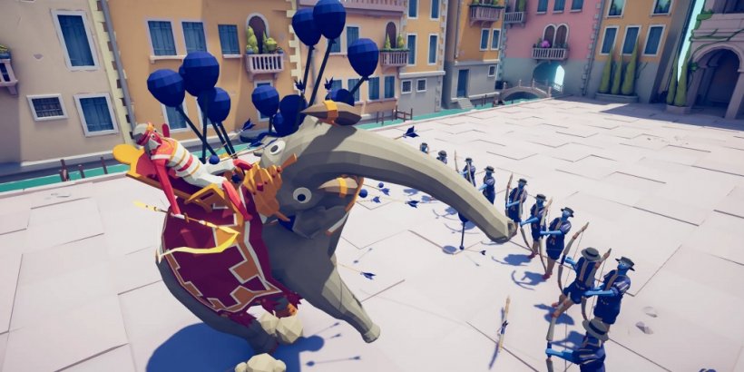 An elephant and its rider are surrounded by archers in a village square