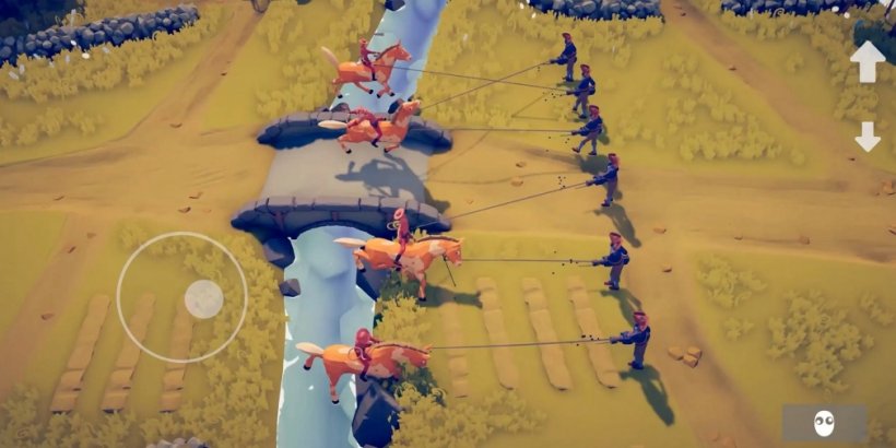 A group of horses cross a river to fight several men with guns