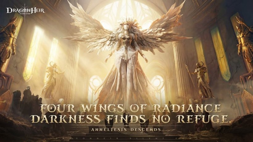 An image of a statuesque angel with enormous outstretched wings in a golden temple.