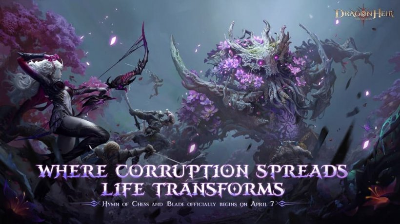 A treant-like creature with purple leaves attacks smaller beings.