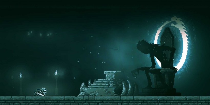 A silhouetted figure emerges from a portal where the Knight is waiting for them