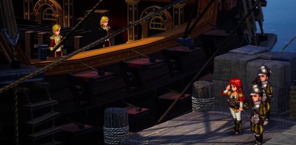 characters in port salute captain on the ship others sitting on the dock