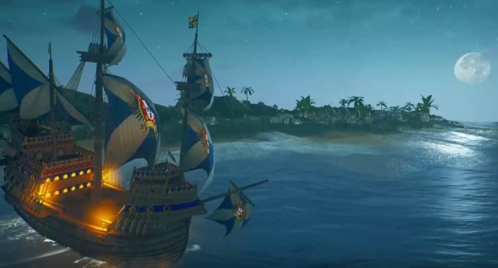 ship sailing at night with the moon in the background