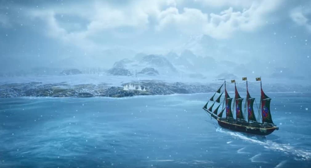 ship sailing at winter in a snowstorm towards a snowed over port