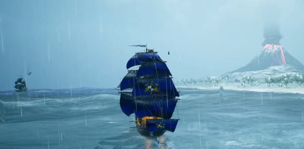 ship with blue veils sailing with a volcano erupting in the background