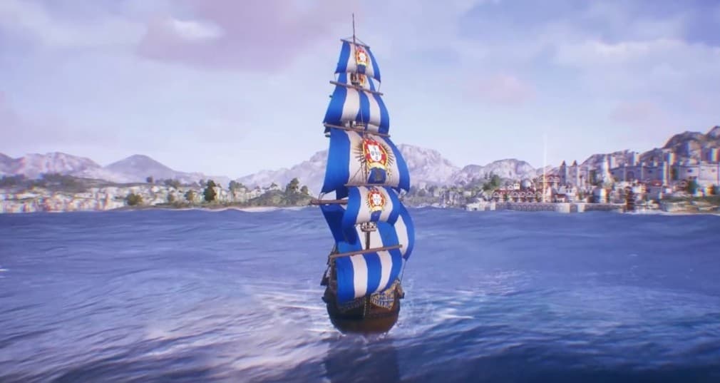 ship sailing calm waters with clear sky and a port is seen in the background