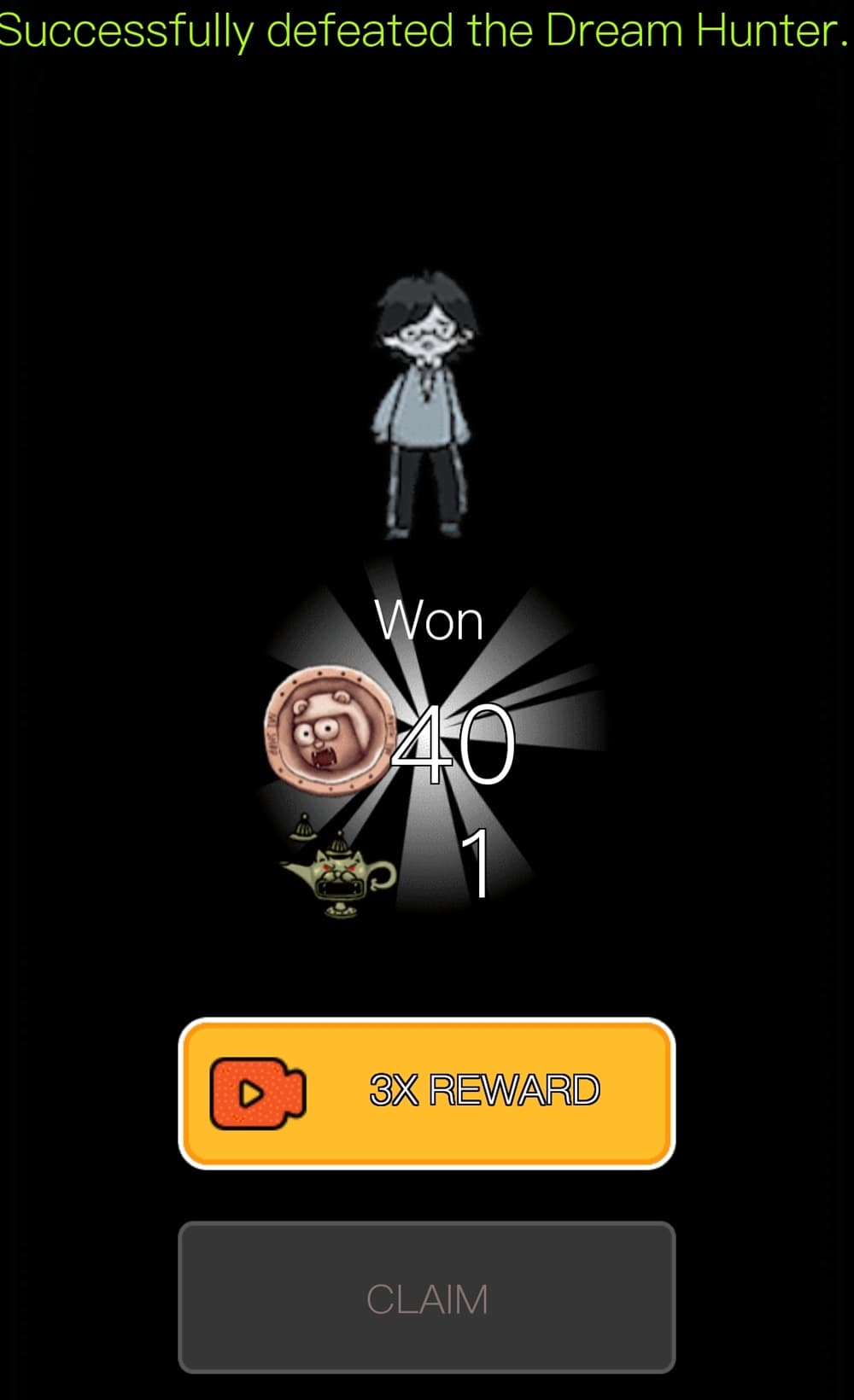 A victory screen for haunted dorm showing an unassuming man.