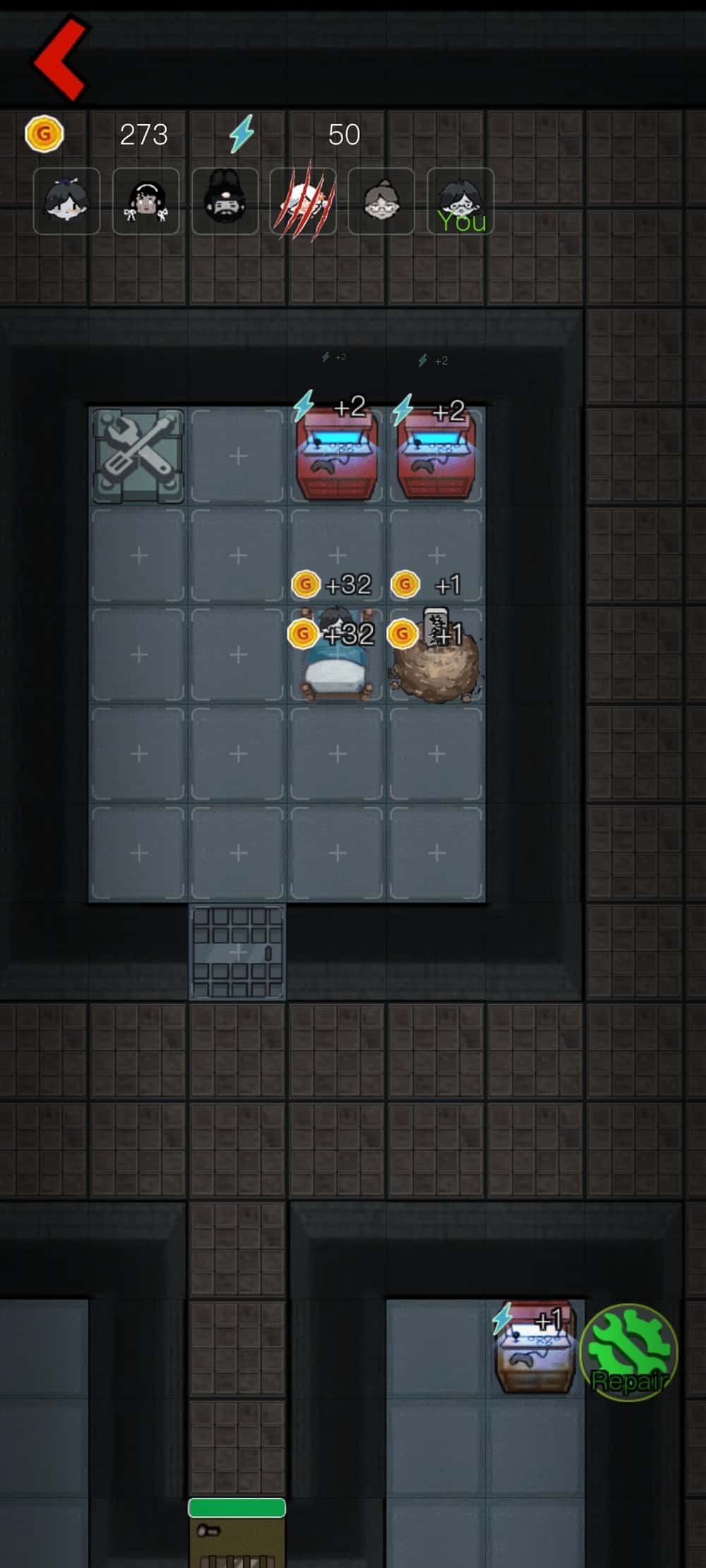 An image of a similar room to the previous picture but now showing some turrets and other items placed around to defend it.