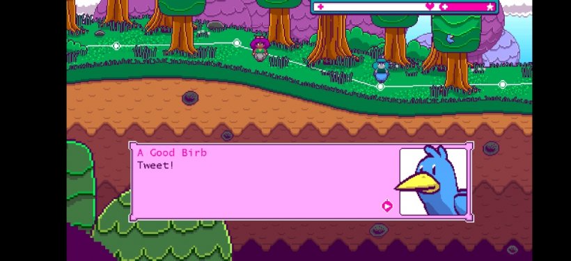 A blue bird says tweet in a pink dialogue box