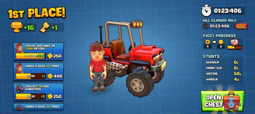 An image of Bill Watson from Hill Climb Racing stood impassively on front of his truck as the UI declares him a race winner.