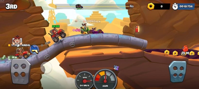 Gameplay of Hill Climb Racing 3 showing different vehicles racing along a large metal pipeline.