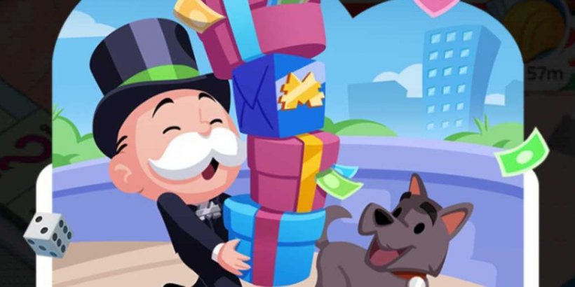 Mr Monopoly happily carrying a stack of presents while his dog looks on