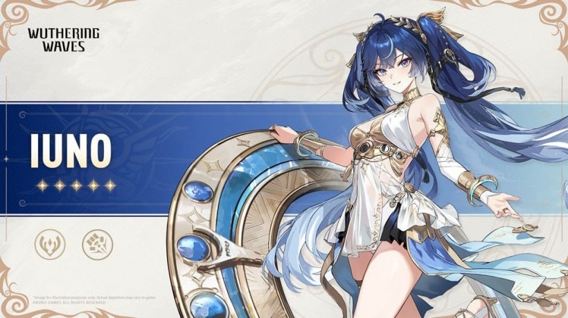 A picture of a blue-haired woman with a large chakram-like object smiling and beckoning towards the camera