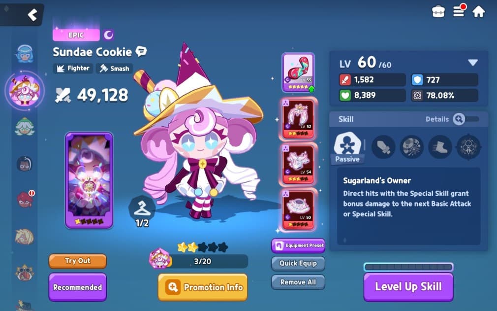sundae cookie in Cookie Run ToA, a colourful cookie with pink hair and a sweet witchy hat along her equipment