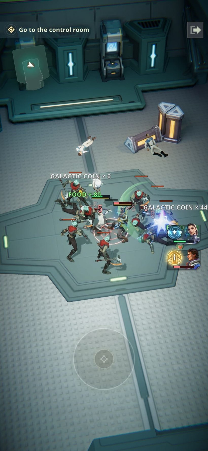 Characters fight in a generic spaceship hangar with a game UI allowing you to direct movements.