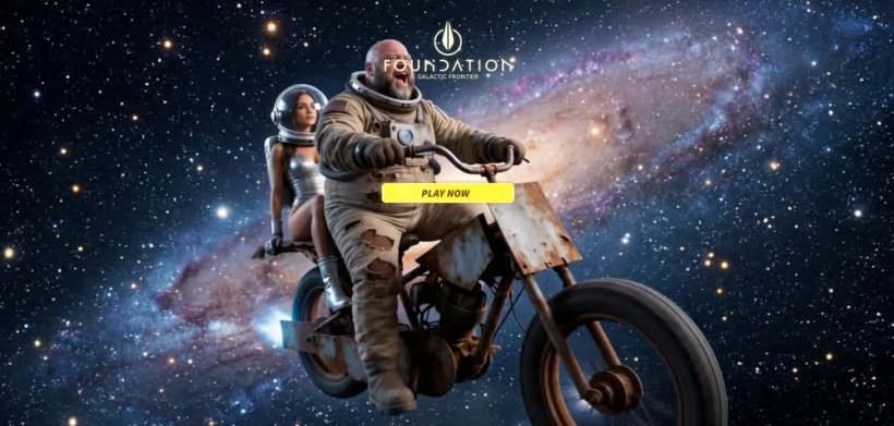 An image shows a man on a motorcycle in space on a starfield with a woman on the back of the bike.