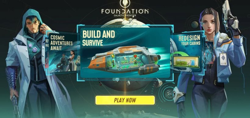 An image of generic, but hand-drawn spacefarers surrounding the Foundation Logo.