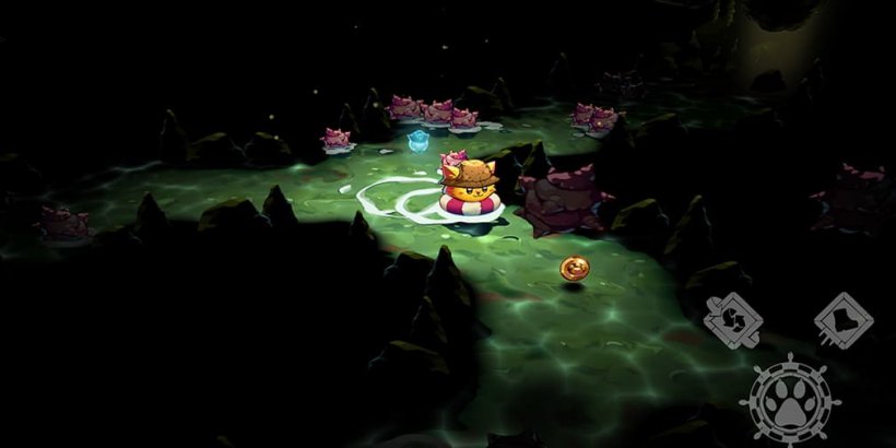 pirate cat swimming in a river in a cavern 