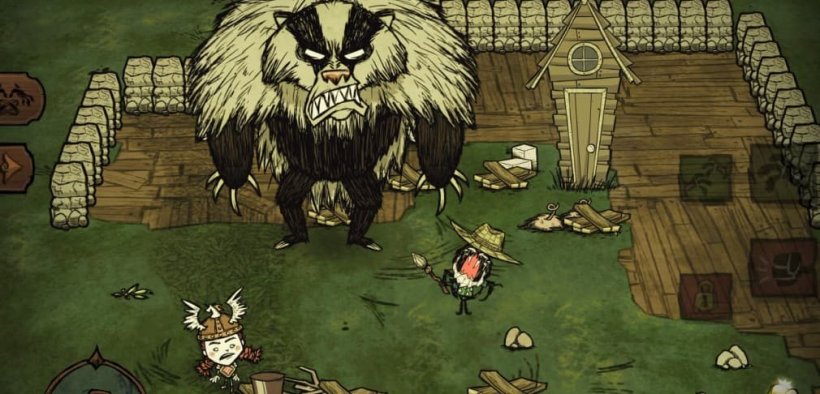 webber and wigfrid characters fighting bearger boss