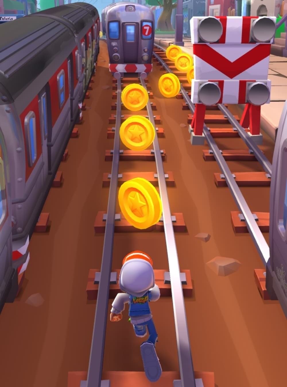 A screenshot that shows a young man in a hoodie and red ballcap running along train tracks while collecting comically large, floating coins.