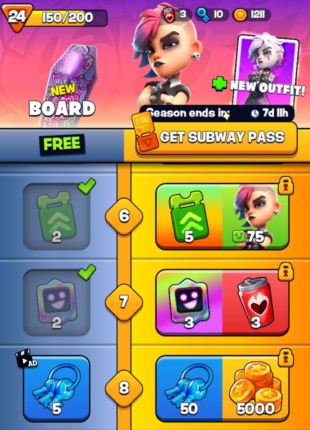 An image of a reward track with various entries, showing a young woman with a punk hairstyle and fashion looking at the player.