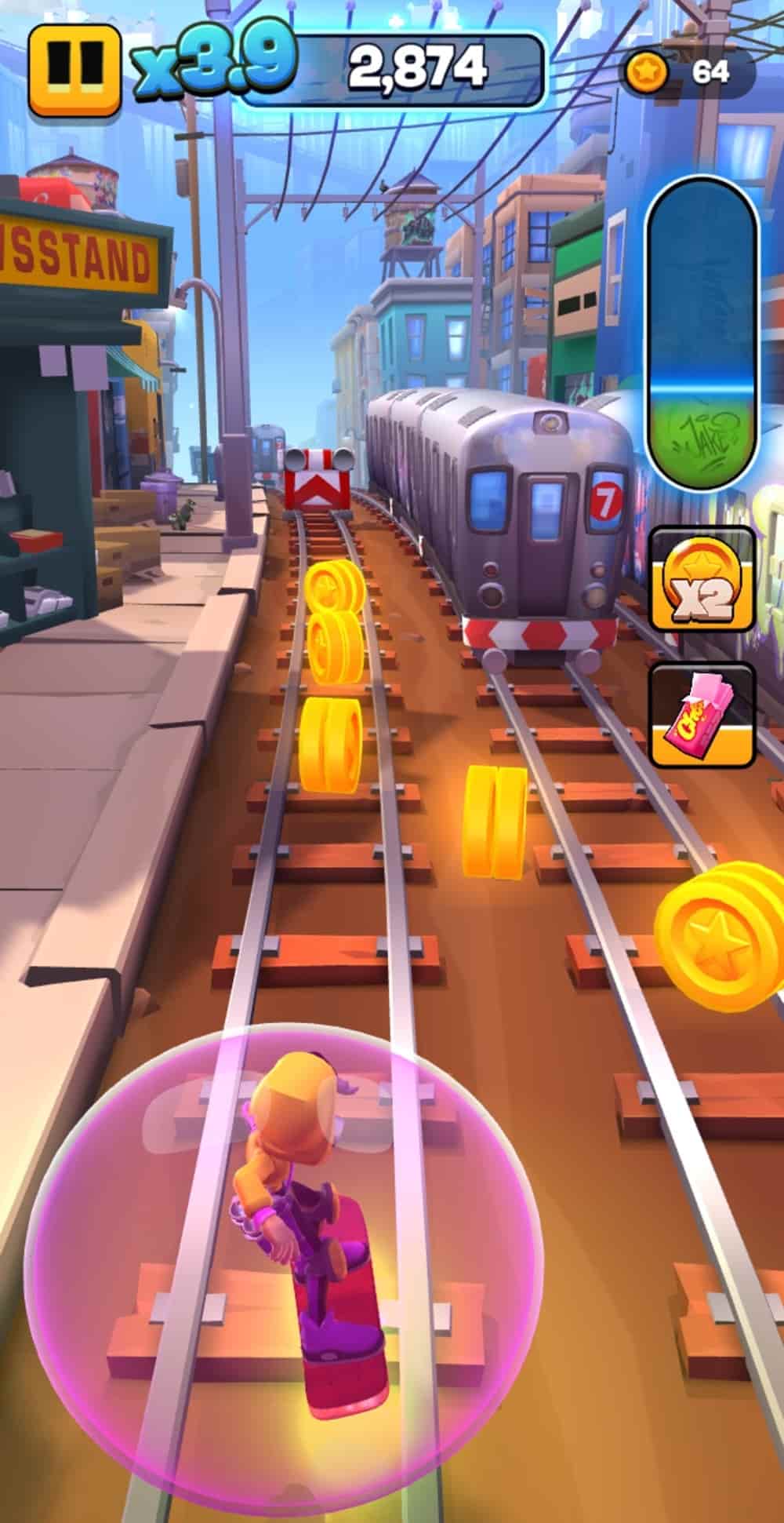 a character in a rebreather on a hoverboard surrounded by a pink bubble rushing down train tracks