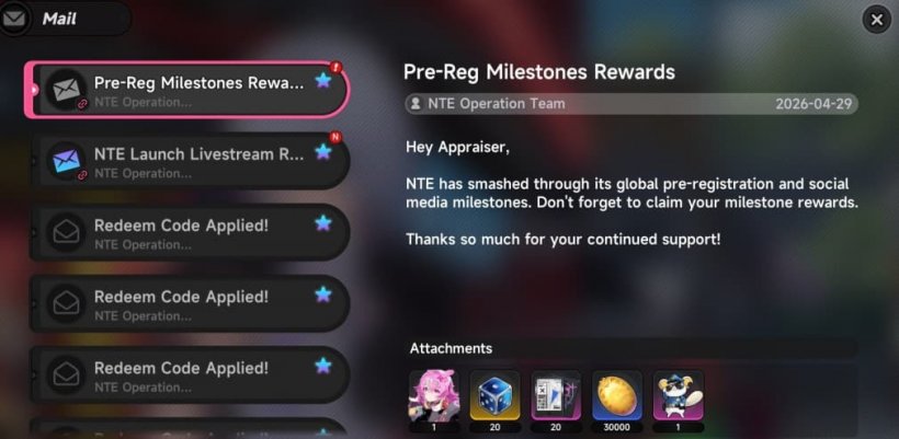 mail with pre registration rewards in nte