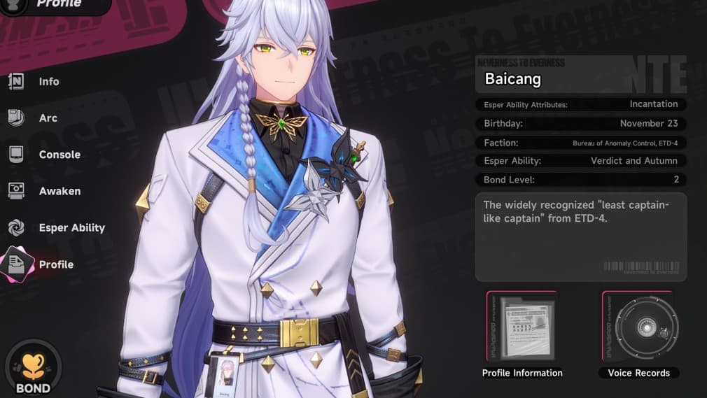 profile of baicang character with long white hair and white suit