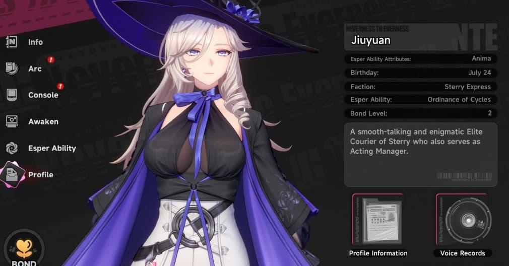 profile of jiuyuan girl with white hair and purple eyes and a big purple and black hat