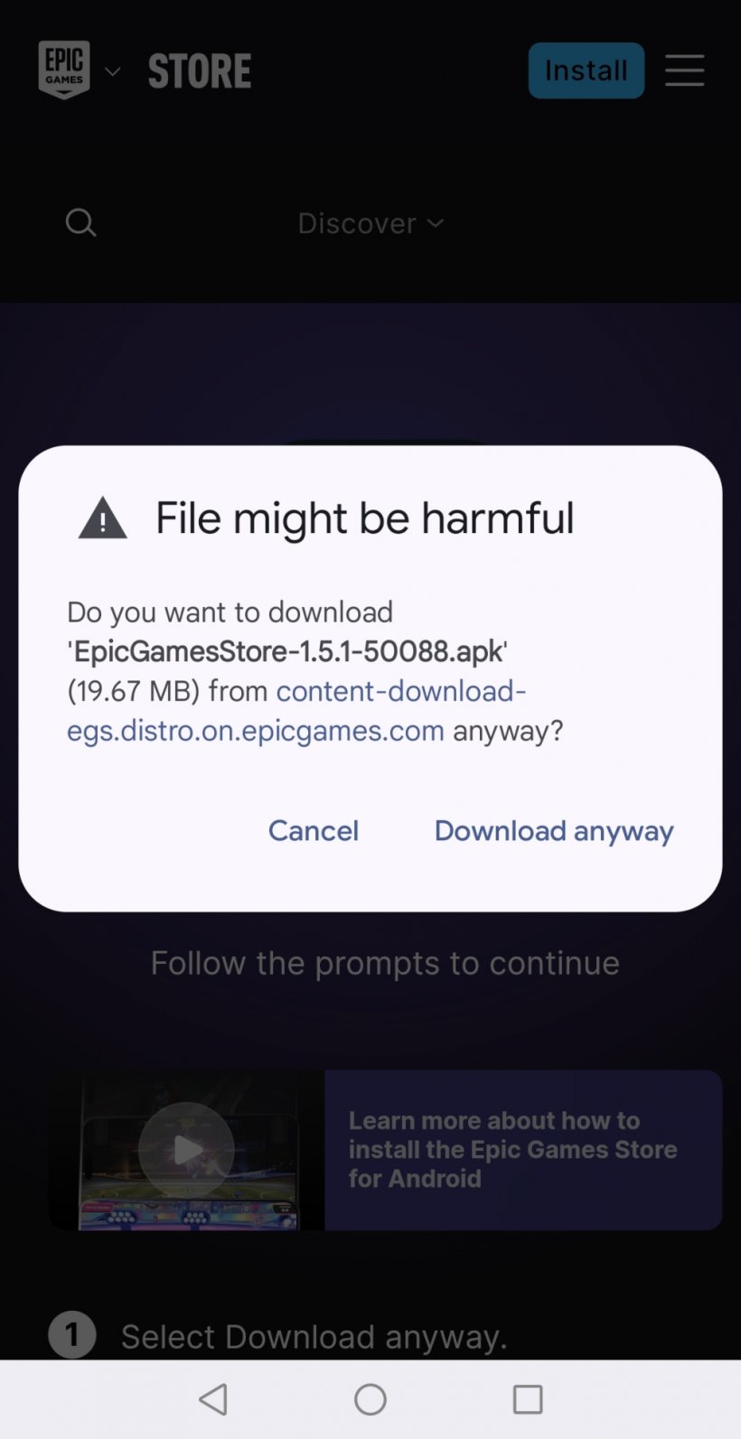 A warning message that pops up when trying to download the Epic Games Store for mobile app on Android