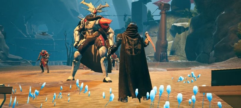 A smaller man in armour stands against a tall, four-armed alien.