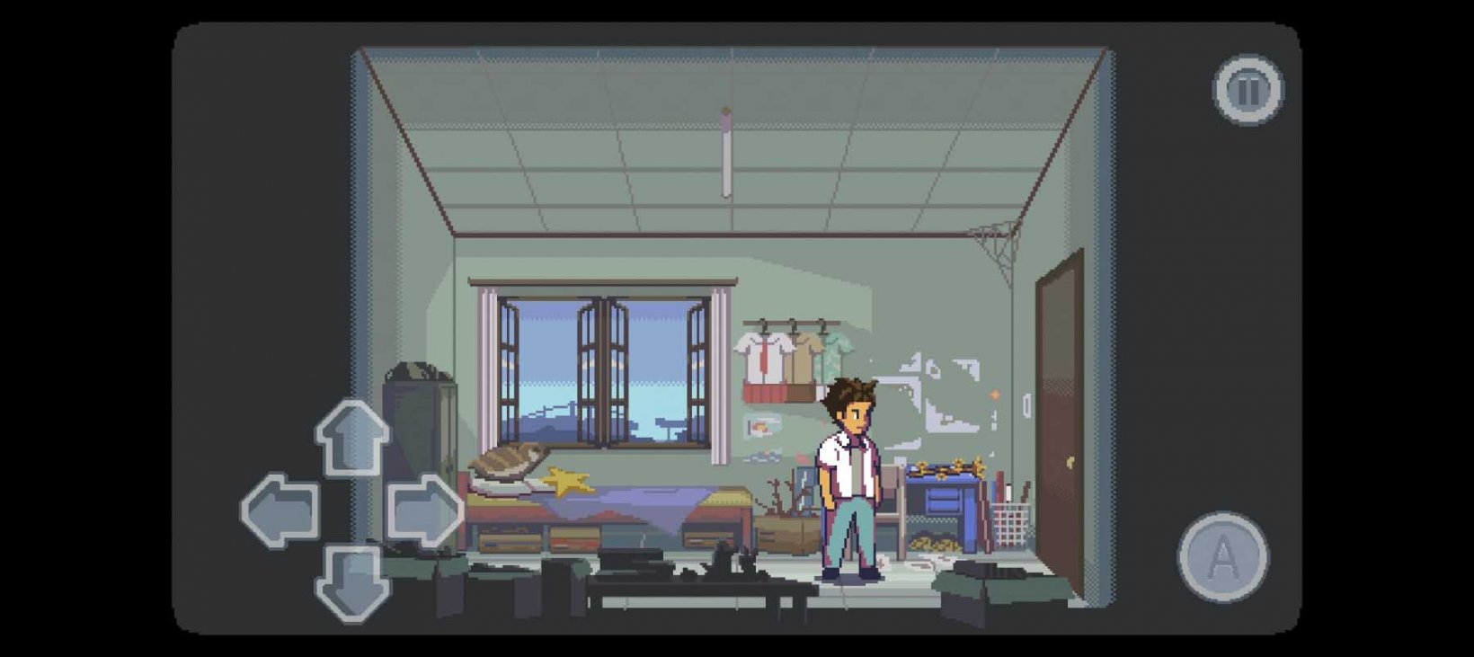 virtual buttons on the screen with a boy in a room