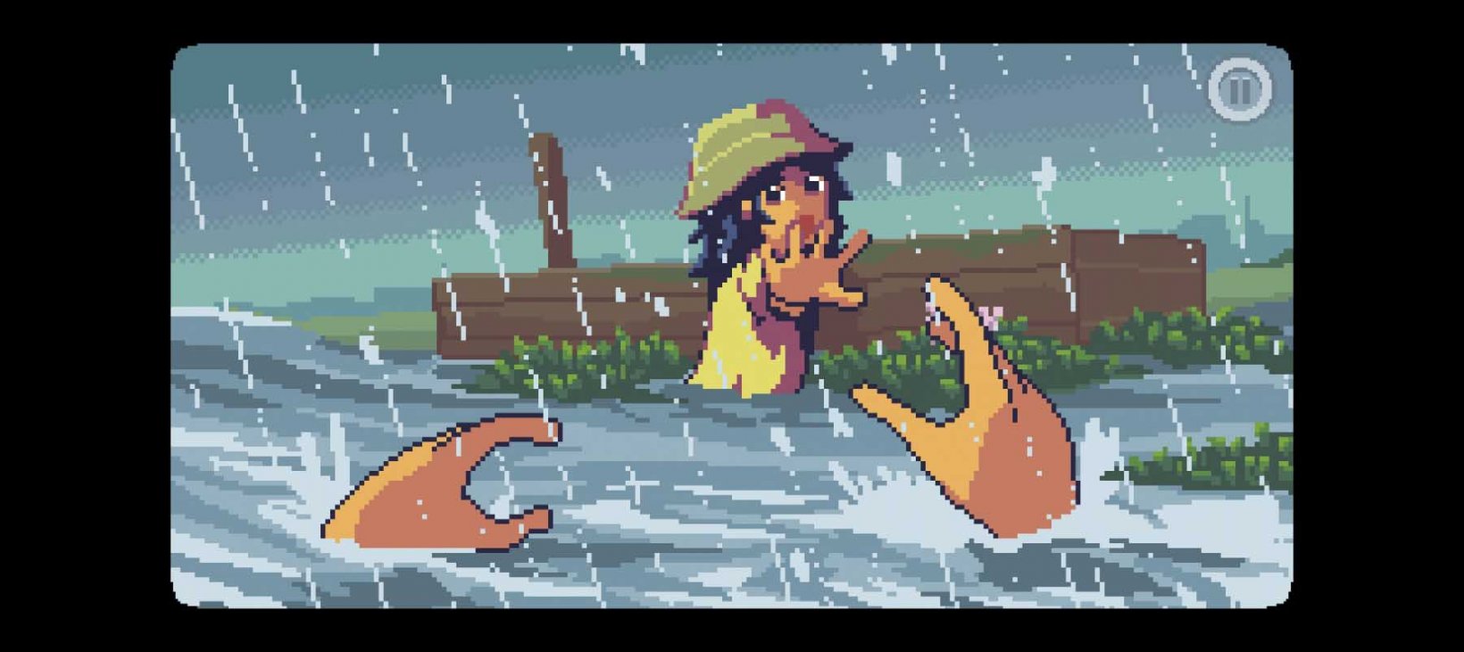 a girl in yellow reaching out to someone in the river