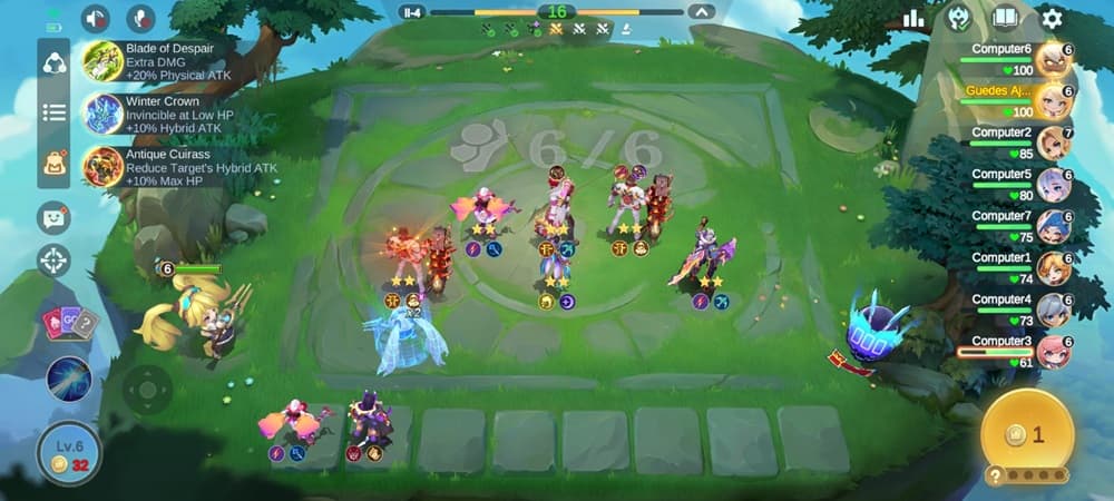Heroes are lined up to fight on a grid, with reserve heroes shown at the bottom, some of the heroes have star ratings and an indicator shows how many can be on the field at a given time.