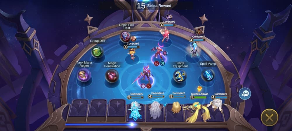 Characters are listed at the bottom of a large fantasy arrangement of weapons and armour, with a counter ticking down for each character's turn to pick.