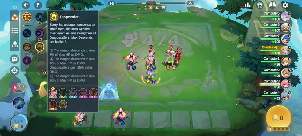 A menu shows different effects for 'synergy' achieved by having characters on the field in a certain lineup.