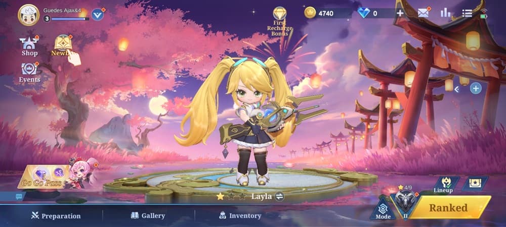 A chibified young blonde woman wielding a large fantasy laser rifle stands amidst a UI.