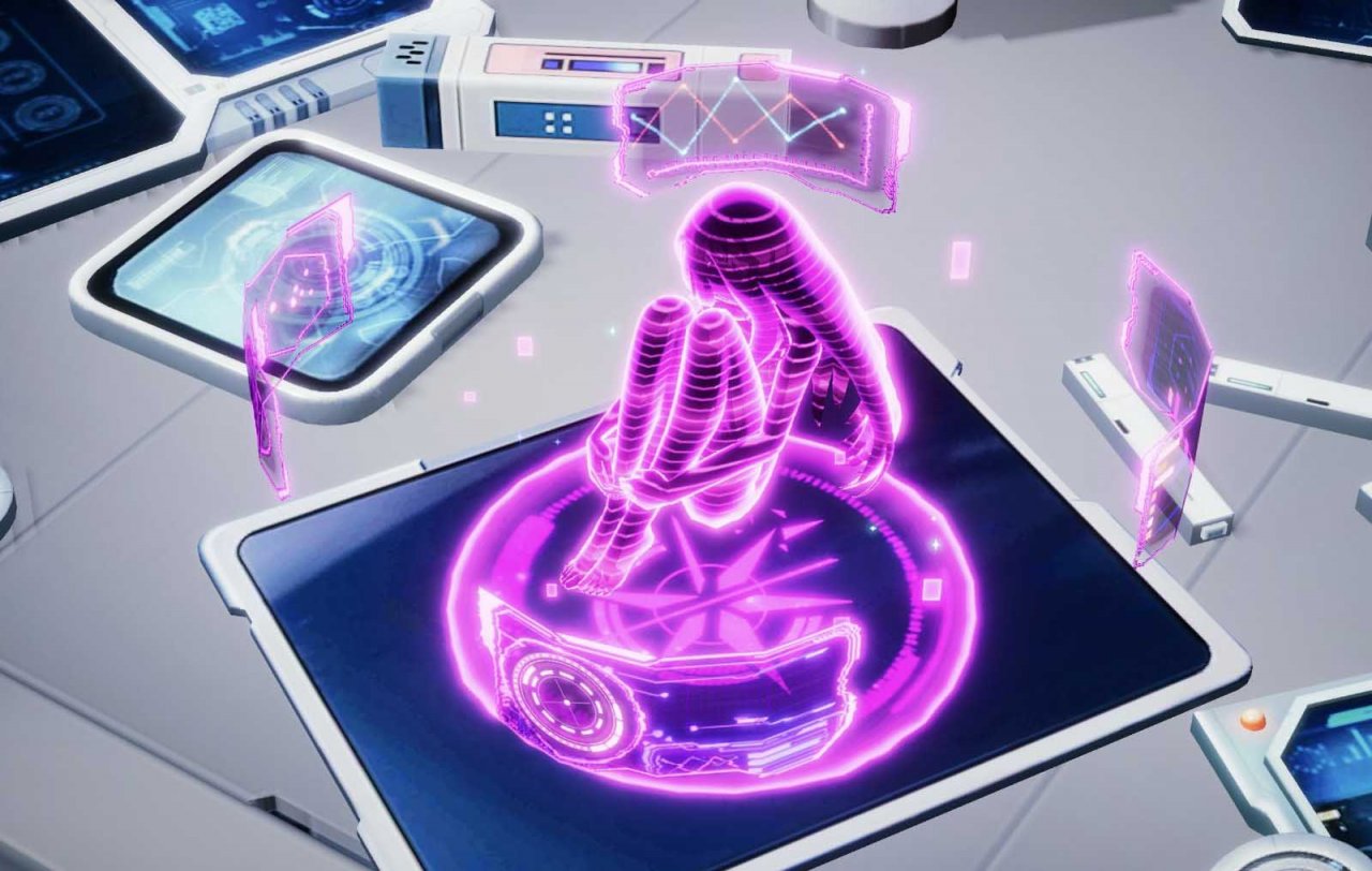 a hologram of a female warrior on a desk