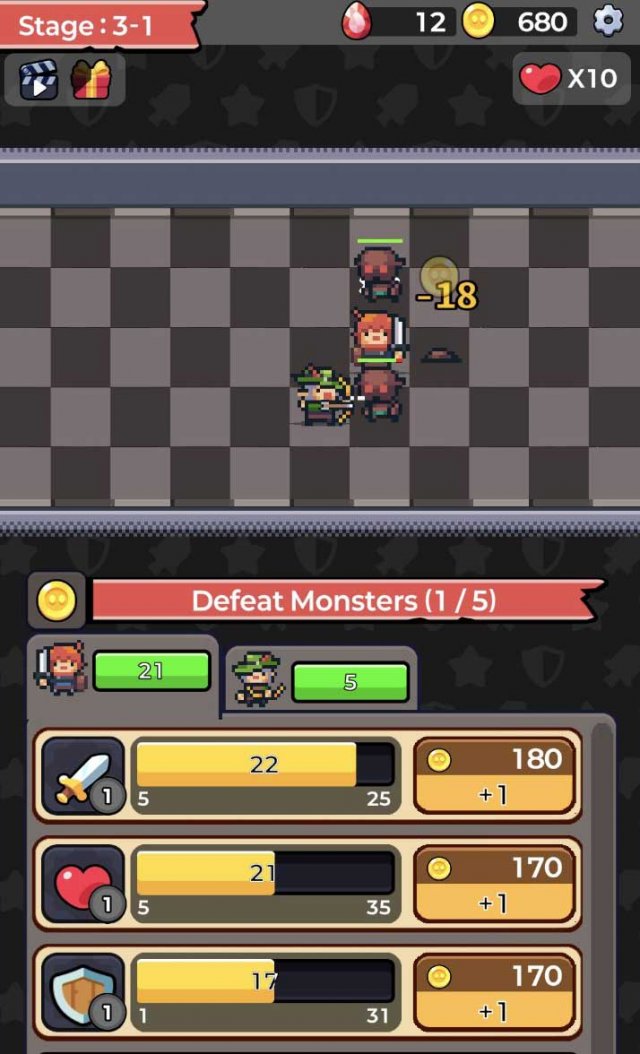 a cute warrior fighting monsters with a stat menu
