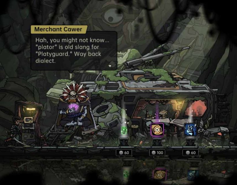 talking to a duck-billed shopkeeper