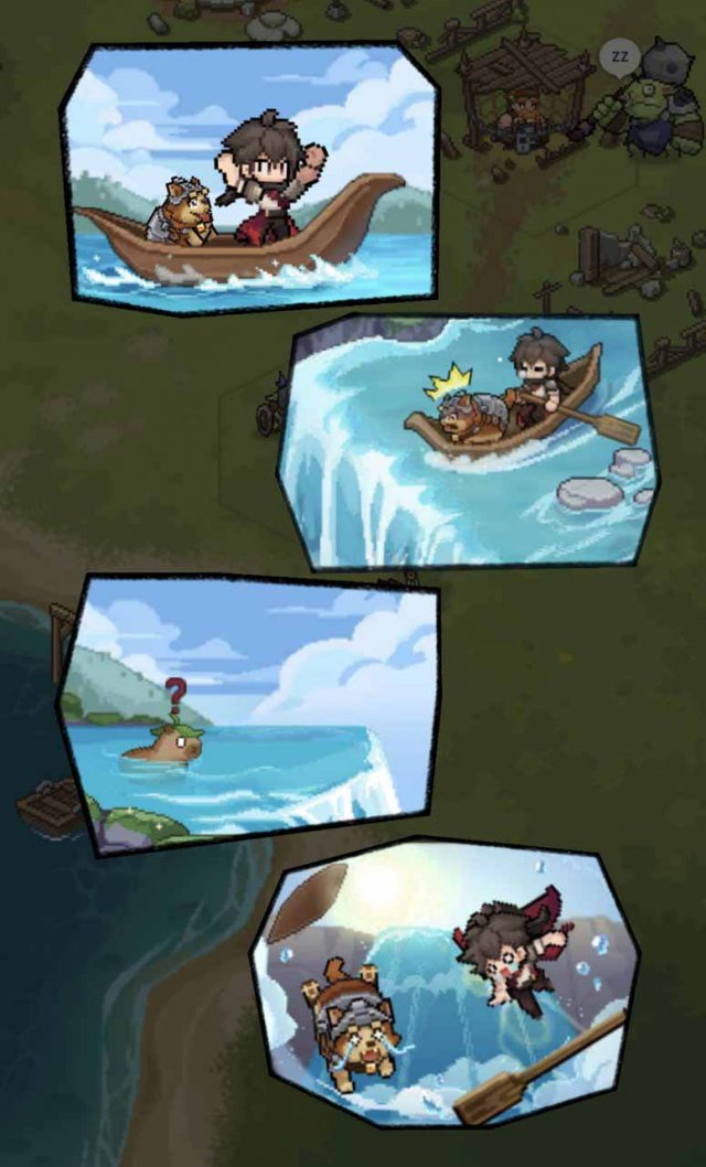 comic book panels of a pixel art hero and his dog falling down a waterfall