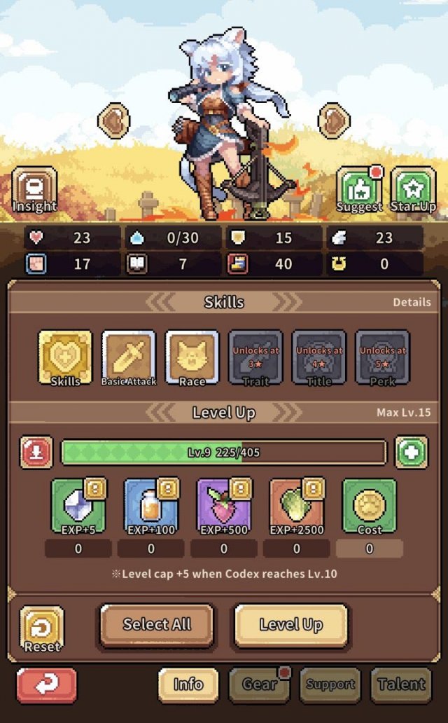 a cat-eared female warrior with a crossbow and her stats