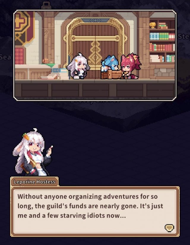 pixel art adventurers talking inside a guild