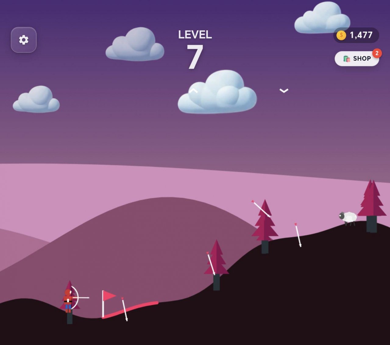 an archer on a landscape with trees and sheep