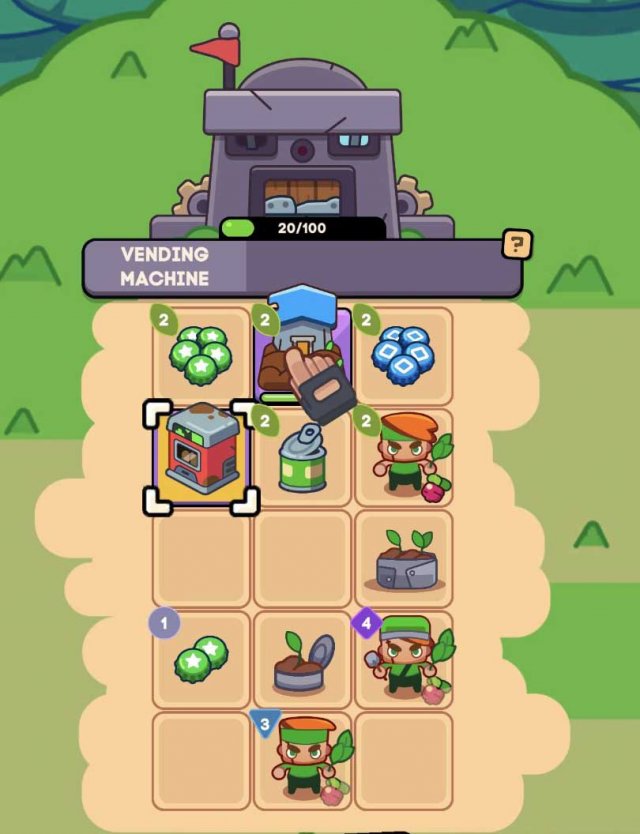 a grid that shows farmers and a vending machine to tap