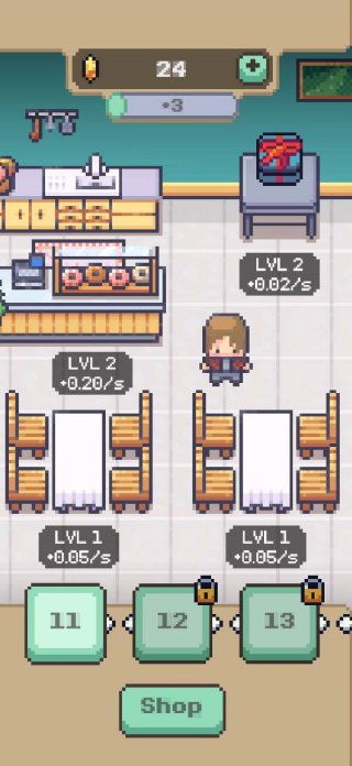 a pixelated guy standing in the middle of a pixelated cafe